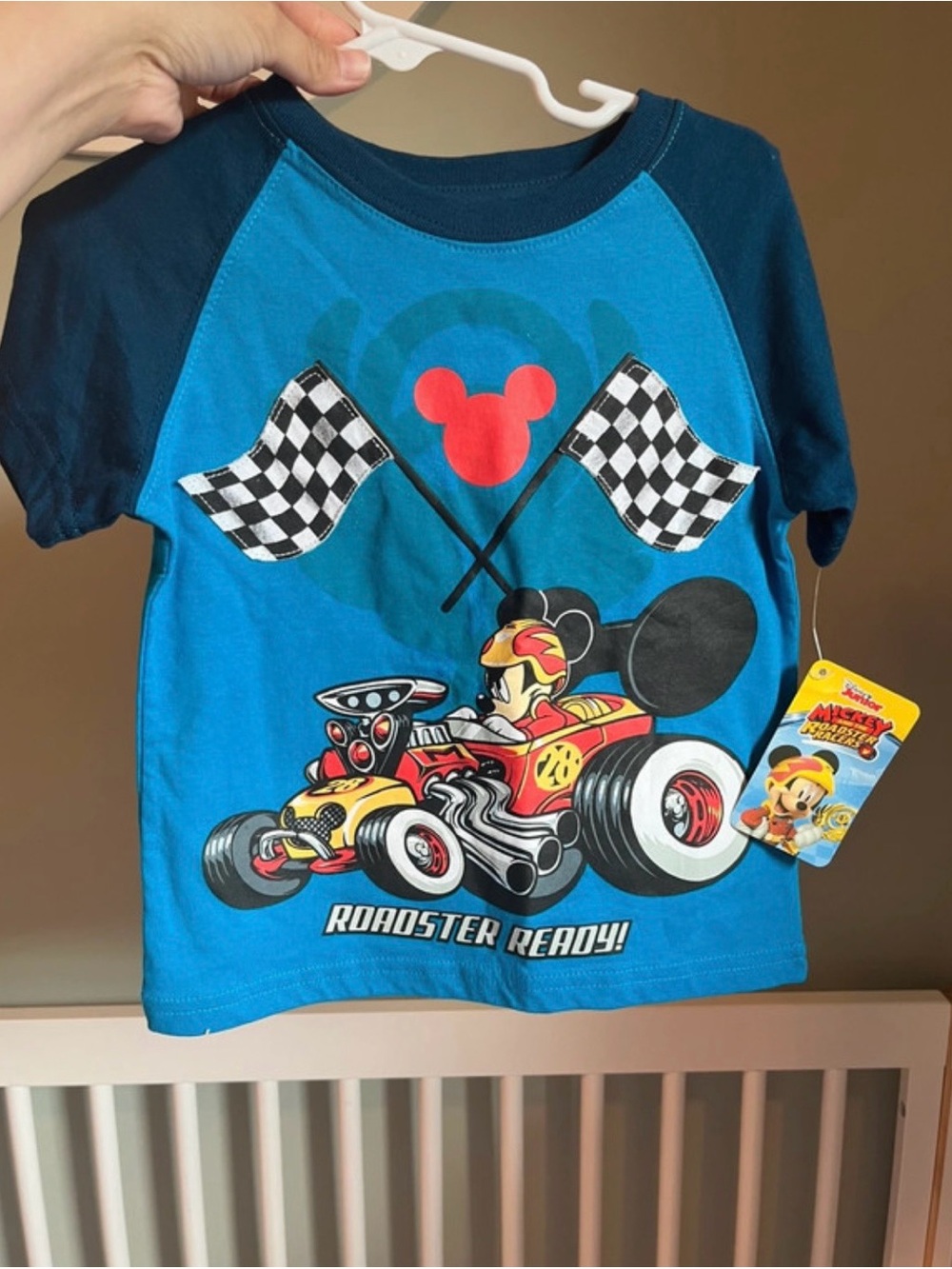 Mickey Mouse Roadster Racer Racing Car Checkered Flag T-Shirt 2T